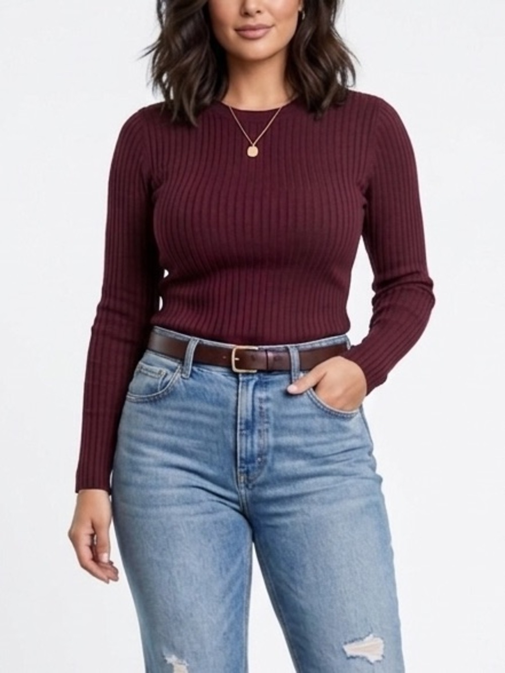NWOT Dynamite Ribbed Long Sleeve Bodycon Top Deep Burgundy Stretch Minimalist
